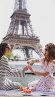 Two women having picnic by the Eiffel Tower in Paris video