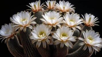 Cluster of White Cactus Blooms Unfolding Time-lapse against Dark video