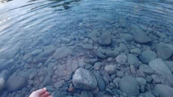 Crystal clear river stones with hand interaction. nature serenity and tranquility in high definition water scenery. video