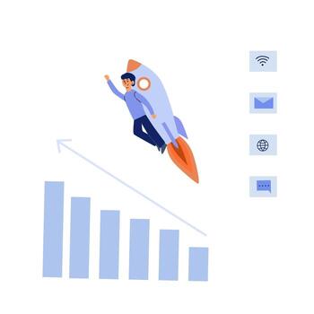Startup and acceleration - business team with laptop, rocket, profit chart and megaphone vector