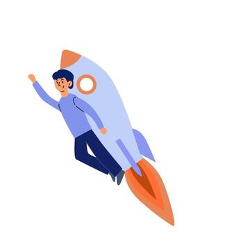 man holds a rocket and flies up, carries it on himself. vector