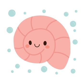 Happy pink ammonite fossil design with swirl pattern and smiling face, perfect for sea-themed kids graphics and playful ocean decor vector