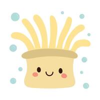 Cartoon yellow sea anemone with soft tentacles and cute face swims in bubbles, perfect for educational marine visuals and playful decor vector
