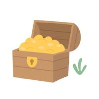Cartoon treasure chest filled with glowing gold coins, perfect for pirate themes, adventure stories, and hidden fortune illustrations vector