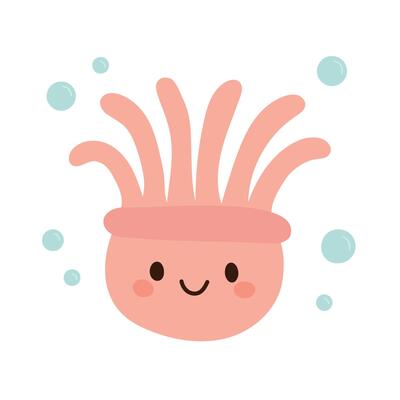 Cute pink anemone with tentacles and smiley face floats with bubbles in a whimsical ocean cartoon illustration perfect for kids marine-themed designs