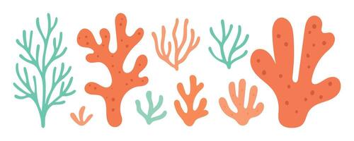Colorful coral reef branches in orange and teal form a flat ocean plant set, ideal for sea life infographics, backgrounds, or childrens books vector