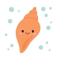 Cute cartoon conch with rosy cheeks and spiral shell floats among ocean bubbles in this cheerful underwater character illustration vector