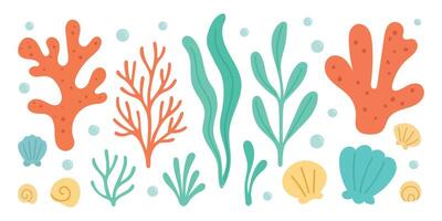 Colorful undersea plant set with seaweed, reef coral, and shells forms a vibrant marine illustration perfect for creative ocean backgrounds or pattern design vector