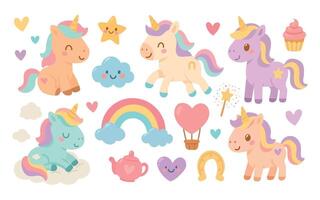 Colorful unicorns and magical elements vector