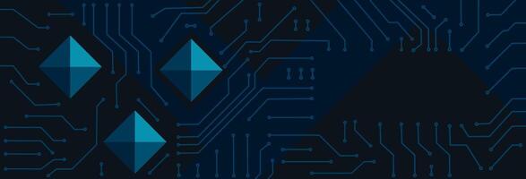 Colorful prismatic abstract circuit lines on a dark blue background, ideal for tech themes and digital designs. vector