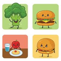 Happy Broccoli and Sad Burgers with Apple Pancakes Healthy Food Contrast vector