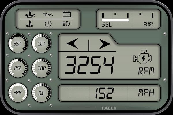 Retro Digital Dashboard Panel in Vintage Clock Style. Finished Design with Circular Gauges and Indicators Featuring Segmented Display Elements.