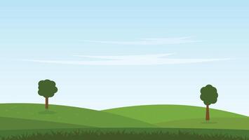 nature landscape cartoon scene. green field with trees and blue sky background vector