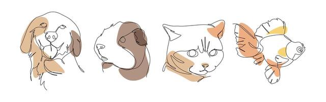 Set of pets in one line drawing style. Dog, guinea pig, cat, and fish. Editable colored illustration. vector