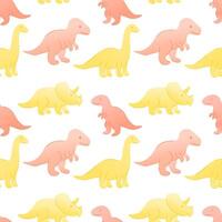 A seamless pattern featuring colorful cartoon dinosaurs. Includes a triceratops, brachiosaurus, and T-rex in shades of pink and yellow on a white background. vector