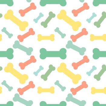 A colorful pattern of dog bones in various shapes and sizes. The bones are in shades of pink, yellow, green, and blue against a white background. vector