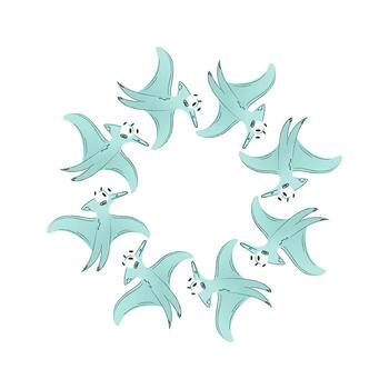 A circular composition of stylized ptirodactyls in light blue. The dinosaurs have a simplified design and are evenly distributed, creating a harmonious pattern. vector
