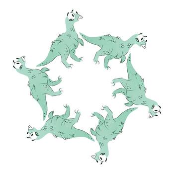 un circular modelo de dibujos animados dinosaurios en ligero verde color. cada dinosaurio tiene un juguetón expresión y distinto características, creando un caprichoso diseño. vector