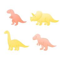 Four cartoon dinosaurs in pastel colors. Includes a pink dinosaur, a yellow triceratops, a yellow brontosaurus, and a pink T-Rex. Suitable for children's themes. vector
