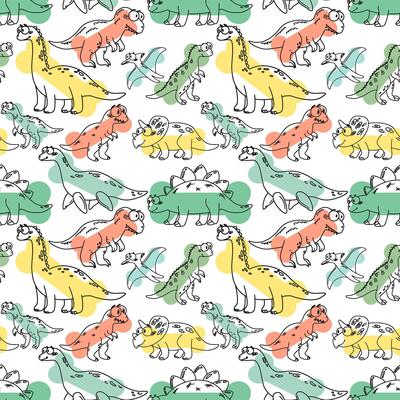 A colorful pattern featuring various cartoon-style dogs in different poses. The dogs are illustrated in yellow, orange, and green against a white background.