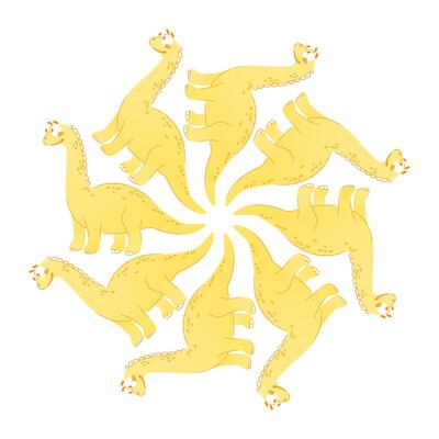 A circular pattern of yellow dinosaurs, resembling a playful design. The dinosaurs are cartoonish and feature small details, creating a whimsical effect.