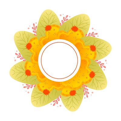 A decorative floral frame featuring colorful round shapes and green leaves. The design is vibrant and suitable for invitations or greeting cards.