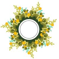 A circular floral frame with yellow flowers and green leaves. The design features a blank center for text or images, suitable for invitations or greeting cards. vector