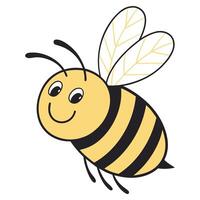 Flat icon of a smiling yellow bee with tiny wings and black stripes vector