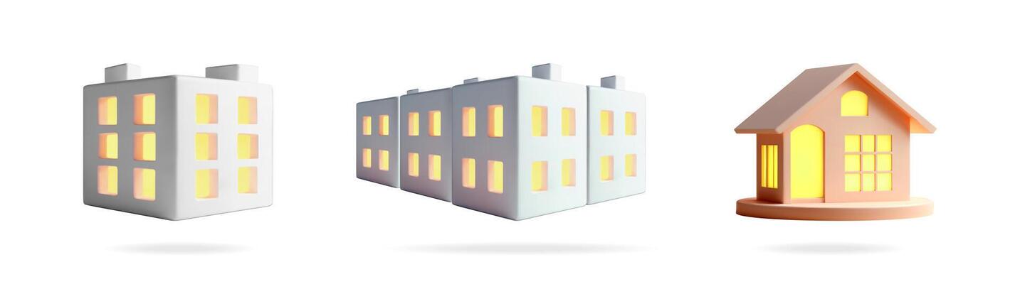 3D houses and buildings with glowing windows
