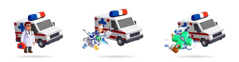 3d set of ambulance cars with medical equipment vector
