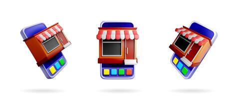 Three 3D phone models with miniature shop facades vector