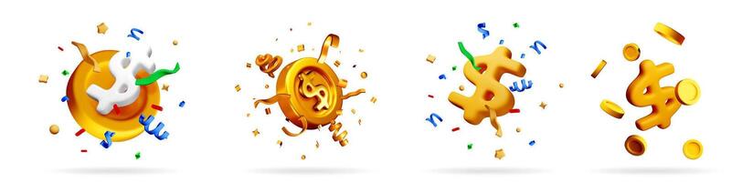 Set of 3d golden dollar signs with confetti vector