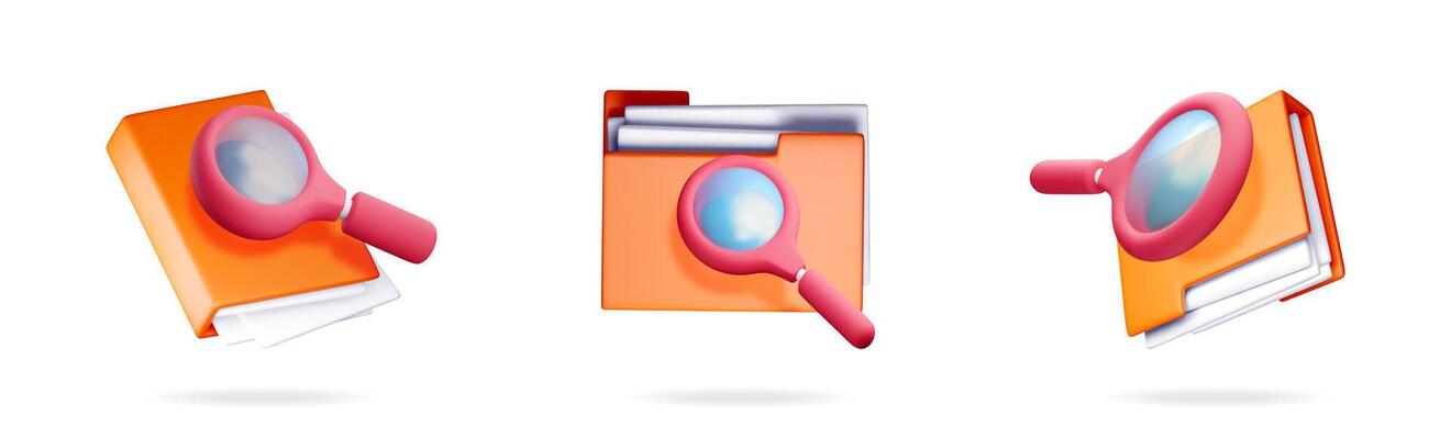 Set of 3d folder document and magnifying glass