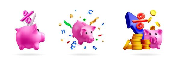 piggy bank illustration set with financial symbols vector