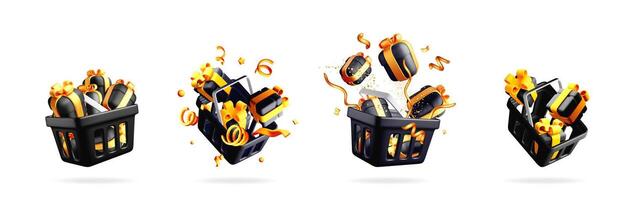 Black shopping baskets with exploding gift boxes vector