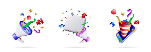 A set of three 3D icons with colorful confetti vector