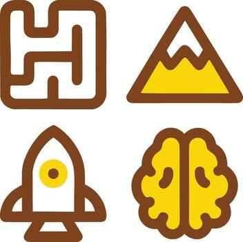 Flat icons of maze mountain rocket and brain representing creativity and exploration vector