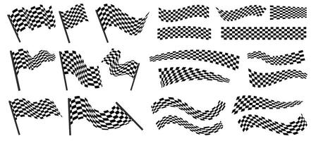 Racing checker. Finish line stripe, crossed checkered race flags, car motorcycle circuit championship finish elements, speed competition stickers. checker set vector