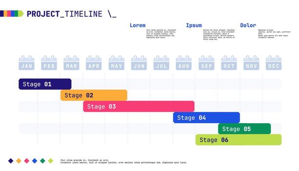 Project timeline. Modern infographic annual calendar with Gantt chart, business workflow roadmap schedule and milestone elements. project UI illustration vector