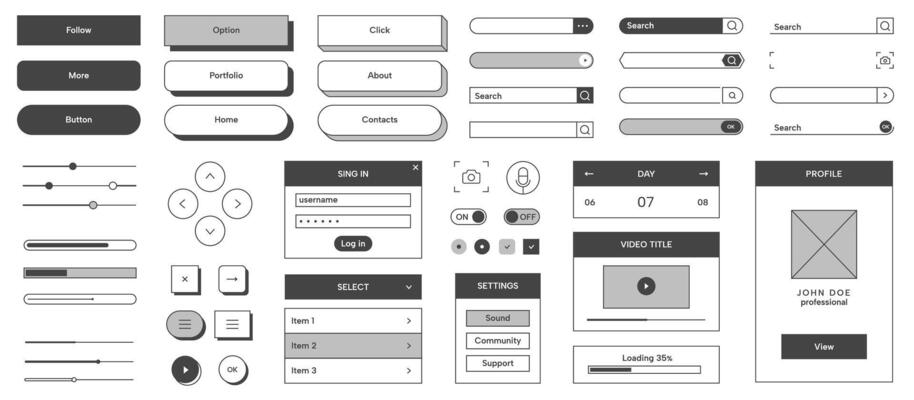 Simple ui button icons. Modern minimal web interface black and white UI button set, input fields, icons, search bar, trendy line application elements. collection