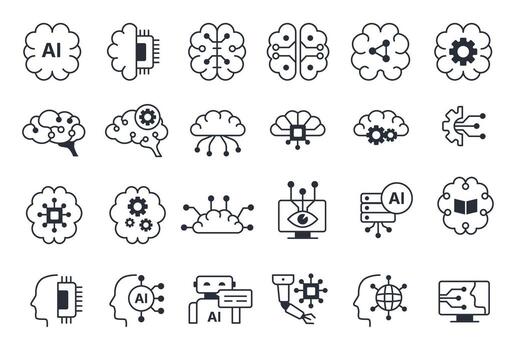 Machine learning icons. Outline robot technology and machine automation pictograms, smart mind and machine brain line symbols. science set vector