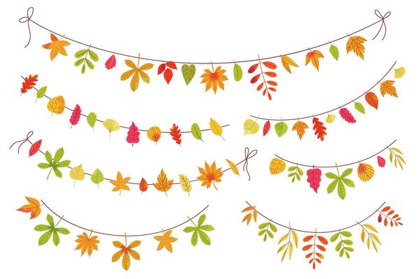 Autumn leaves garland. Fall decorative border string with colorful leaf of wood and garden trees, seasonal autumn festival elements. garlands isolated set