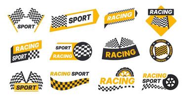 Racing checker logo. Speed car sport check sticker, checkered border stripe rally automobile badge flat cartoon style. checking finish race logos set vector