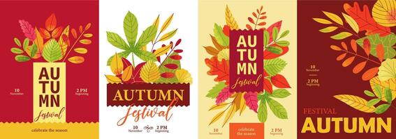 Autumn posters. Seasonal fall botanical floral leaves backdrop with rowan branches, frame with autumn foliage for greeting card. fall cover set vector