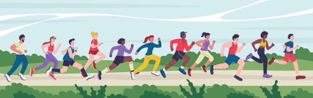 Group of runners jogging outdoors vector