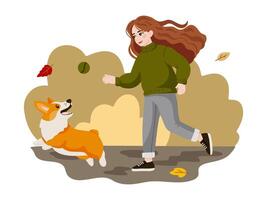 Girl with corgi playing in autumn vector