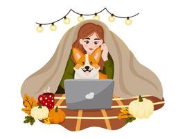 Woman with dog under blanket vector