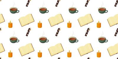 Coffee, books, and candles pattern vector