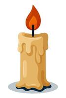 Creepy Halloween candle with melting wax and burning flame in cartoon flat style vector