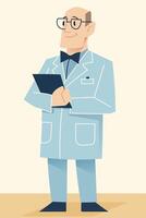 Senior male doctor with glasses and clipboard in retro medical style illustration vector
